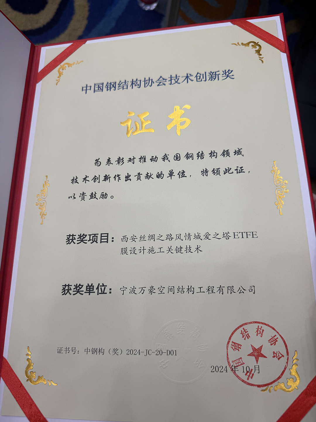喜報(bào)！恭喜萬豪空間結(jié)構(gòu)榮獲中國(guó)鋼結(jié)構(gòu)協(xié)會(huì)2024年度技術(shù)創(chuàng)新獎(jiǎng)